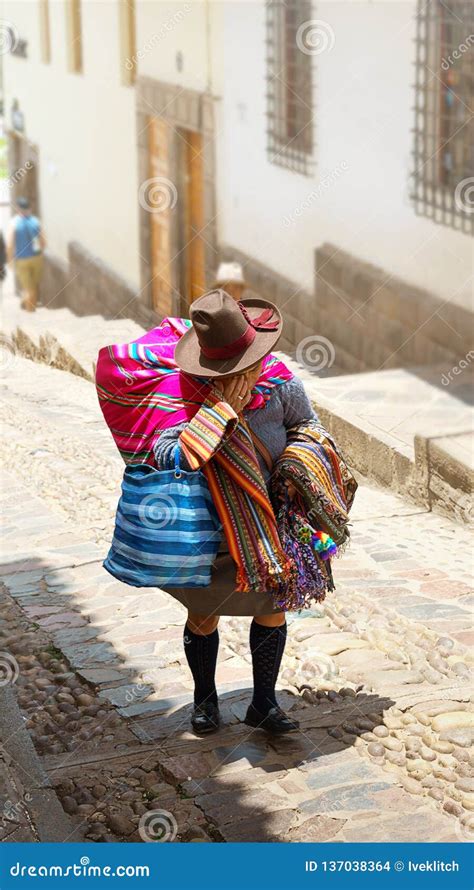 Peruvian Woman In Traditional Dress On The Street Of Cusco Peru Latin