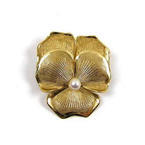 Vintage 14k Gold Brooch Pansy Pin With Cultured Pearl Gold Flower Pin