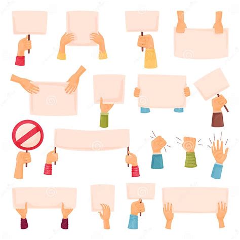 Hands Holding Blank Placards And Empty Protest Poster Big Vector Set