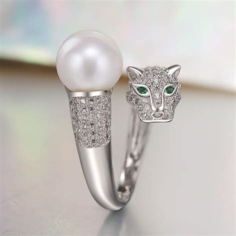 Freshwater Cultured Pearl Ring 925 Sterling Silver Panther Leopard