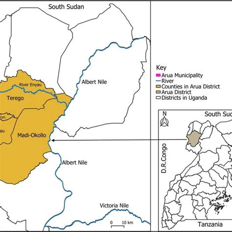 Map of Uganda showing the location of Arua District and River Enyau ...