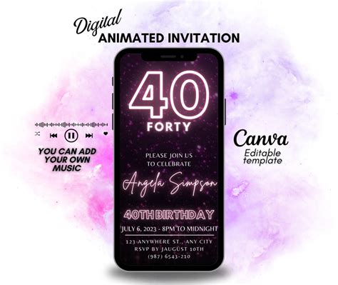 Editable 40th Digital Birthday Video Invitation Forty Pink Glitter