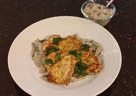 Chicken Schnitzel With A Creamy Mushroom Sauce Recipe By Fenway Cookpad