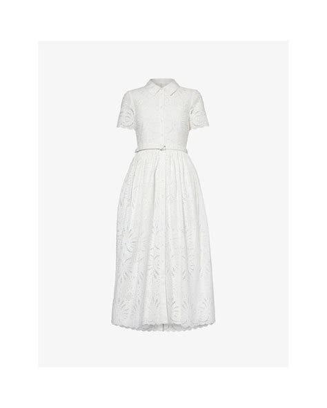 Self Portrait Broderie Anglaise Belted Waist Cotton Midi Dress In White