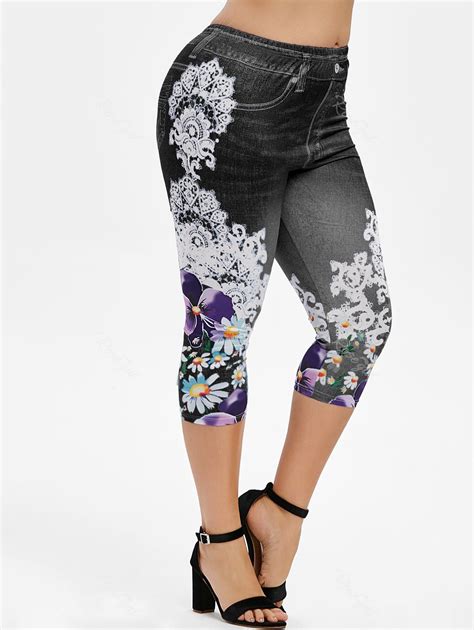 Plus Size 3d Denim Print Floral Capri Leggings [61 Off] Rosegal