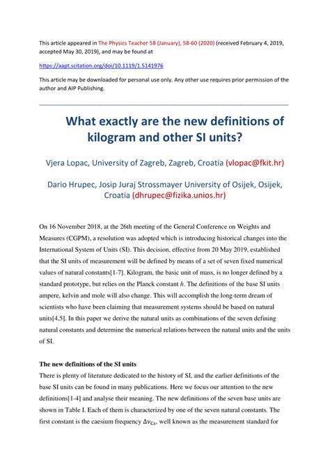 (PDF) What Exactly Are the New Definitions of Kilogram and Other SI Units?