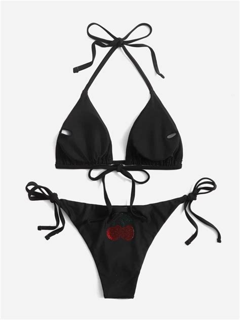 ROMWE X Gabiciamp Cherry Rhinestone Studded Halter Bikini Swimsuit