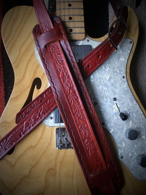 Vintage Style Leather Guitar Strap Western Sheridan Motif Tobacco Brown Etsy