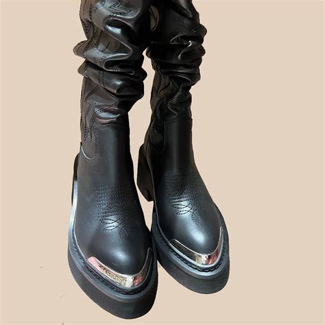 Naked Wolf Stacked Knee Boots Designer Women Shoes British Retro Thick Bottom Elevated Metal Cm