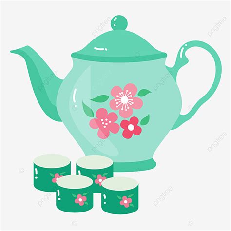 Teapot Set Clipart Hd PNG, Green Teapot Tea Set Illustration, Teapot Clipart, Green Teapot ...