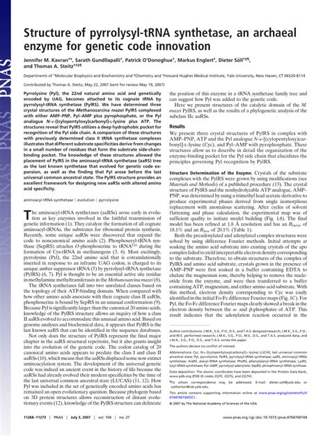 Pdf Structure Of Pyrrolysyl Trna Synthetase An Archaeal Enzyme For