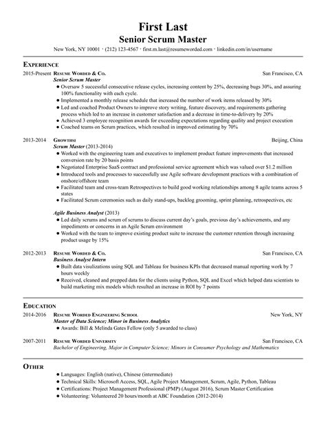 Senior Scrum Master Resume Examples For 2025 Resume Worded