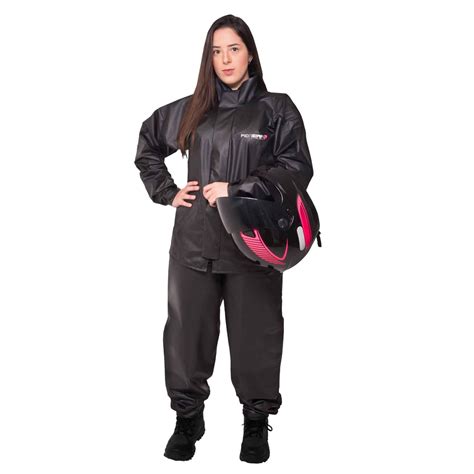 Conjunto Capa De Chuva Pvc P Combate C Capuz Feminina Preto Refletiva