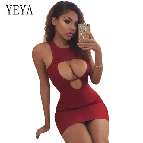 Yeya Women Night Club Bandage Dress Sexy Cut Out Open Chest Sheath