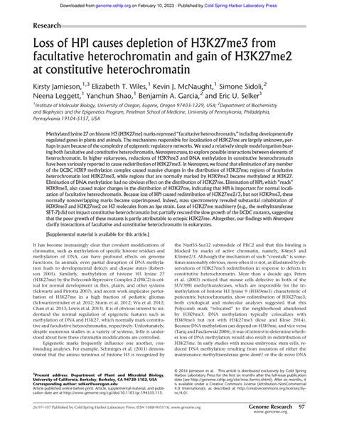 PDF Loss Of HP1 Causes Depletion Of H3K27me3 From Facultative