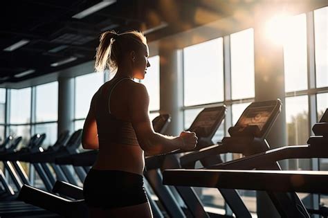 Una Mujer Corriendo En Una Caminadora En Un Gimnasio Generativo Ai