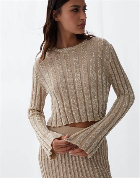 Brunello Cucinelli Cotton Dazzling Rib Knit Sweater Beige M In