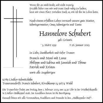 Traueranzeigen Von Hannelore Schubert Wirtrauern