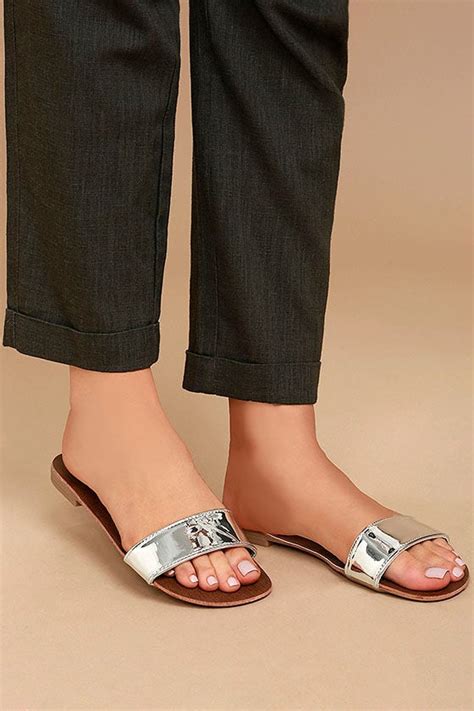 Cute Silver Sandals Metallic Slide Sandals Vegan Leather Slides 17 00 Lulus