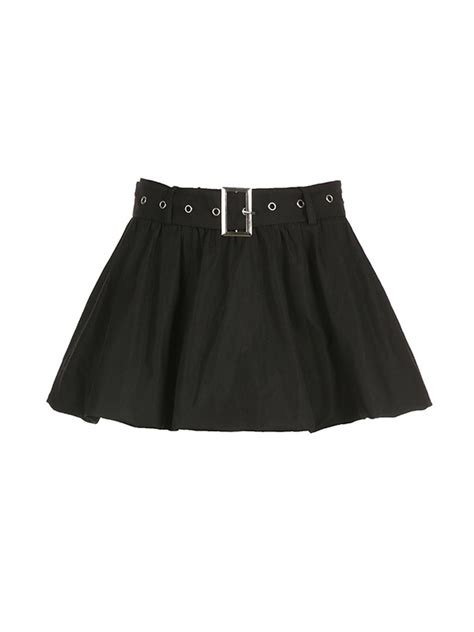 Emmiol Free Shipping 2023 Solid Color Metal Belt Pleated Skort Black S