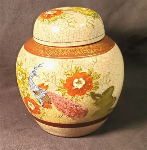 Vintage Japanese Kutuani Ginger Jar Hand Paint Porcelain Peacock