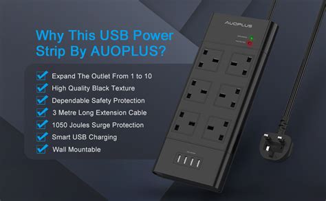 Surge Protected Extension Lead M Auoplus Way Power Strip With Usb