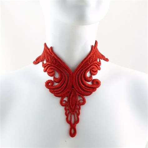 Plunging Red Bib Lace Choker Necklace In Victorian Style Elaborate