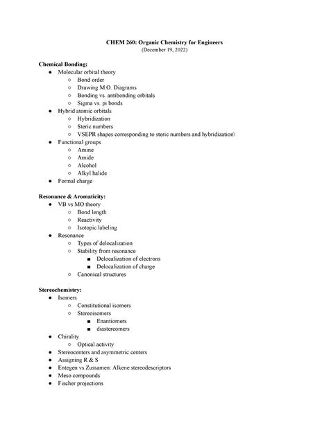 CHEM 260 Final Exam Topics CHEM 260 Organic Chemistry For Engineers