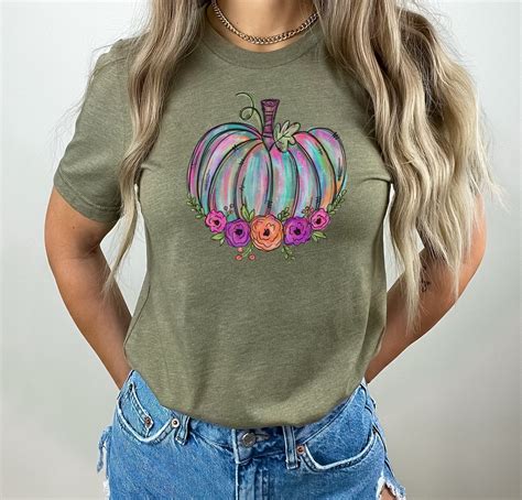 Painted Pumpkin With Florals Graphic Tee Bella Canvas Fall Etsy