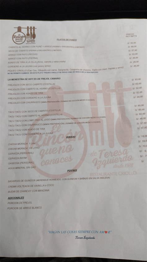 Carta del restaurante El Rincón Que No Conoces CERRADO Lince José