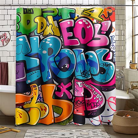 Colorful Graffiti Style Shower Curtain With Cartoon Characters Bathroom