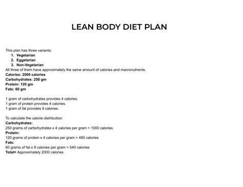 LEAN BODY DIET PLAN