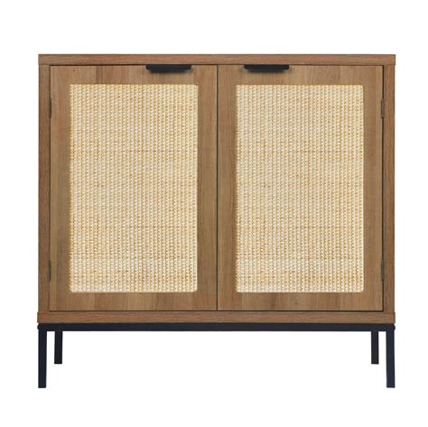 Anmytek Rustic Oak Accent Storage Cabinet With 2 Rattan Doors Mid Century Natural Wood