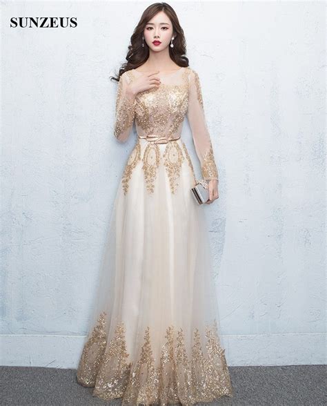 2017 Long Sleeved Evening Dresses Gold Sequins Lace Formal Gowns Sheer