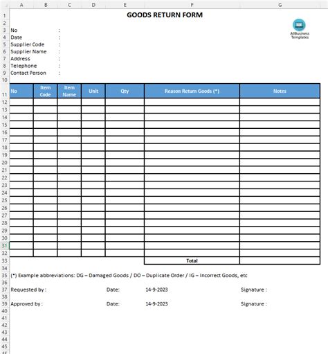 Goods Return Form Template Master Template