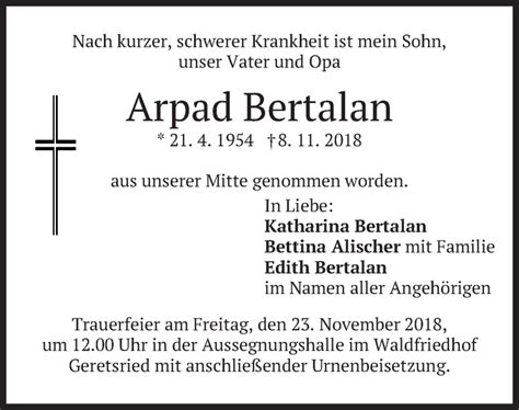 Traueranzeigen Von Arpad Bertalan Trauer Merkur De