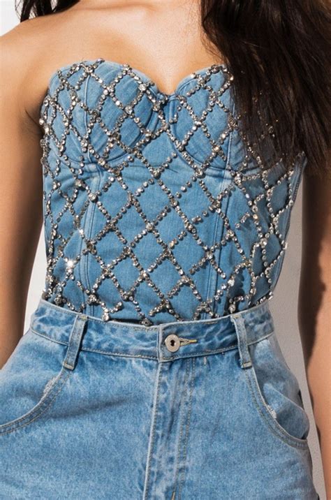 Akira Label Rhinestone Studded Lace Up Denim Corset Top In Blue In