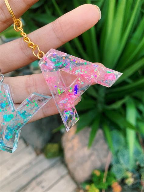 Glitter And Holographic Letter Resin Keychain Letter Keychain Etsy