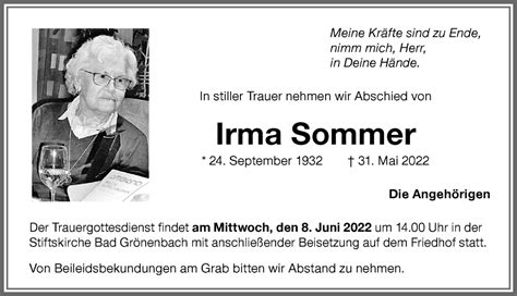 Traueranzeigen Von Irma Sommer Augsburger Allgemeine Zeitung