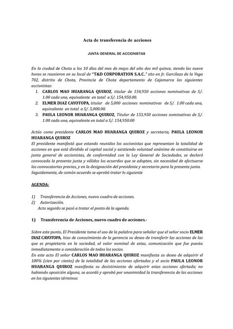 Acta De Transferencia De Acciones Acta De Transferencia De Acciones