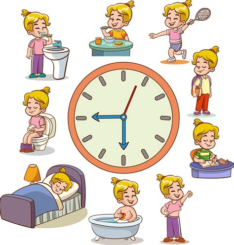 Daily Routine With Simple Clocksvector Set With Kid Funny Cartoon