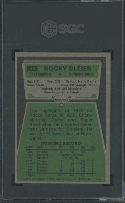 1975 Topps Football 39 Rocky Bleier Pittsburgh Steelers Rc Rookie Sgc 75 Nm Ebay