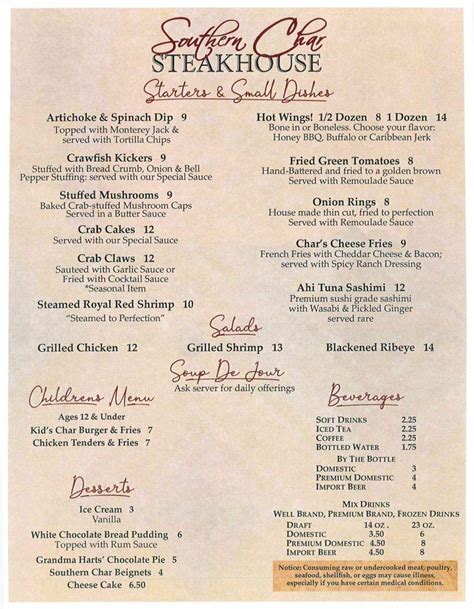 Menu at Southern Char Steakhouse, Picayune