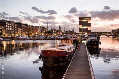 Antwerpen Belgium Beautiful Night View Of Modern Eilandje Area And