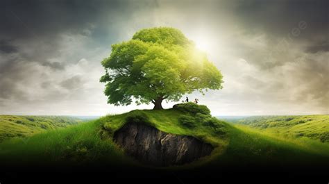 Green Tree On Top Of A Hill Background Environmental Picture