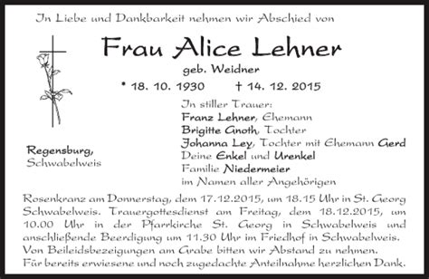 Traueranzeigen Von Alice Lehner Mittelbayerische Trauer