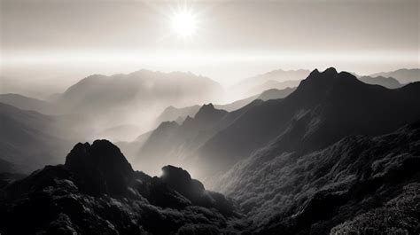 Premium AI Image | A black and white photo of a mountain range with fog ...