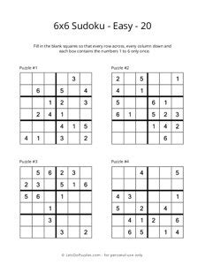 6x6 Easy Sudoku Puzzles Printable