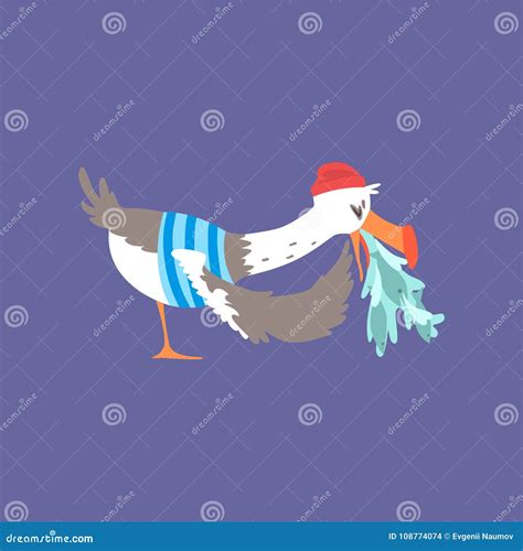 Funny Seagull Vomiting with Fish, Cute Comic Bird Character Cartoon