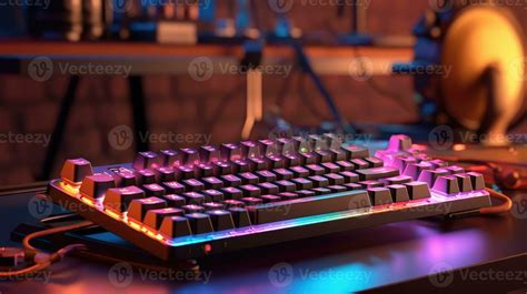 Computer gaming keyboard with neon lights on a interior gaming room background 30719132 Stock ...